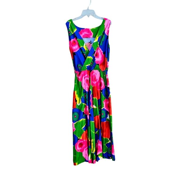 Lanz Originals 80s Bright Floral Sleeveless Fit Flare Midi Dress Size M Pockets - Picture 5 of 9